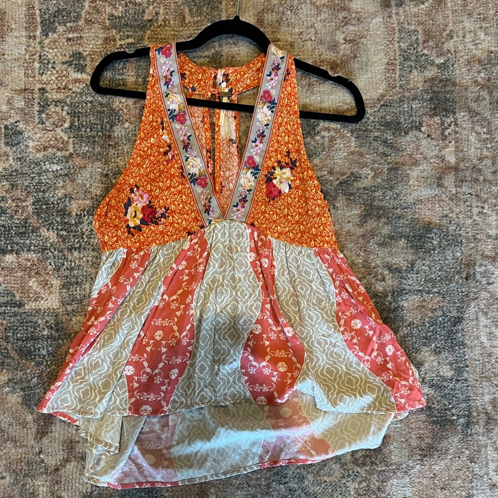 Free People Orange and Cream Floral Blouse